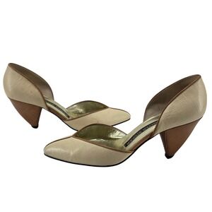 Vintage Walter Steiger d'Orsay Pumps 7 B Cream Brown Leather Italy Heel 80s Glam